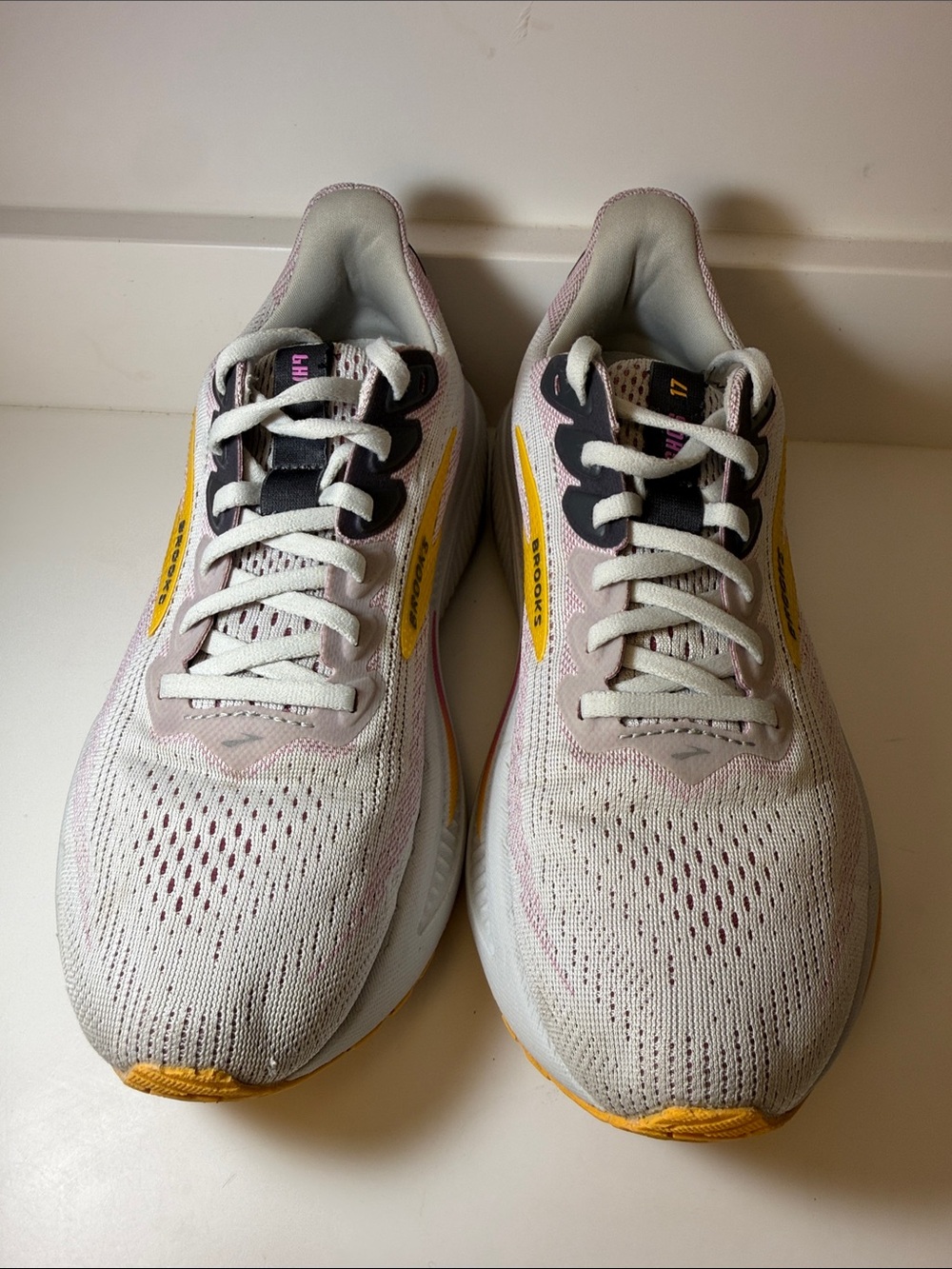 Brooks Ghost Gray Running Sneakers with Pink & Yellow Accents - Size 7